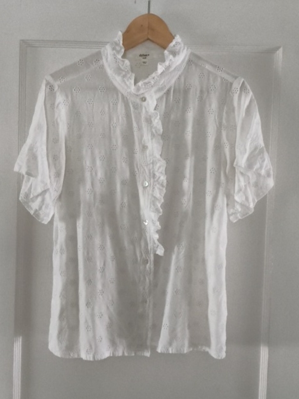 Dylan Eyelet Ruffle-Trim White Blouse Sz S